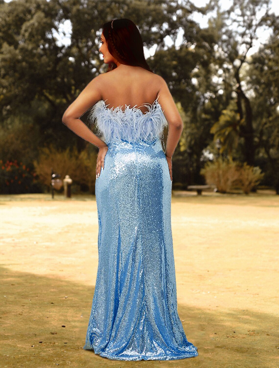 Sheath / Column Prom Dresses Plus Size Dress Wedding Guest Prom Sweep / Brush Train Sleeveless Strapless Sequined with Feather Slit